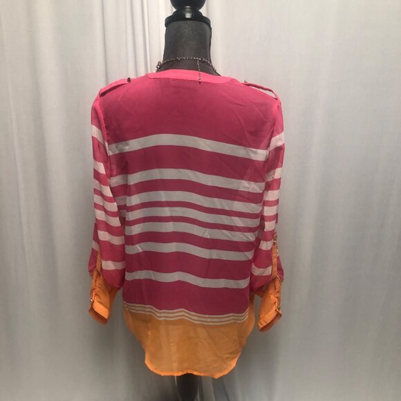 Apt 9 Blouse Womens Sz Medium Sheer Pink Orange Stripe Roll Tab Long Sleeve Top - Picture 5 of 7